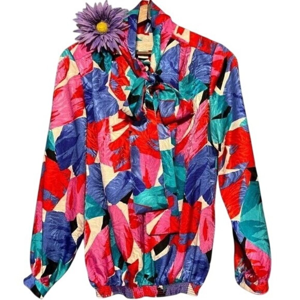 Vintage 80s Da-Rue Of California Colorful Floral Print Blouse Size 10